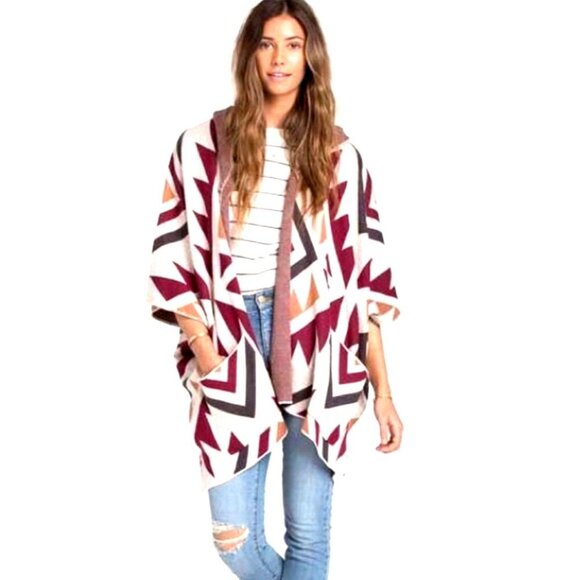 NEW! Billabong Boho Aztec Enchanted Ways Hooded Open Front Sweater Poncho SZ S - Picture 1 of 8